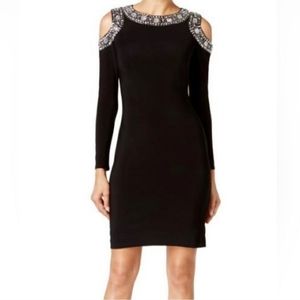 BETSY & ADAM Black Short Cold Shoulder Long Sleeve Dress Size 4 RHINESTONE/BEADS